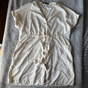 Zara Cream Button Front Mini Dress Drawstring Waist Pockets Off White Large